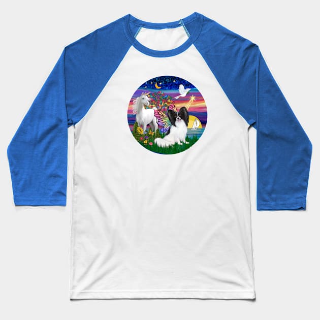 Twilight at the Shore with a Papillon & Unicorn Baseball T-Shirt by Dogs Galore and More